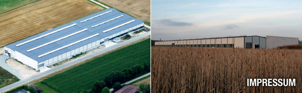Zweigeteilte Bilddarstellung: links eine große Industriehalle aus der Luftperspektive, umgeben von Feldern und Grünflächen; rechts dieselbe oder eine ähnliche Halle, aus Bodennähe fotografiert, hinter einem hohen Feldbestand, mit dem Schriftzug ‚Impressum‘.